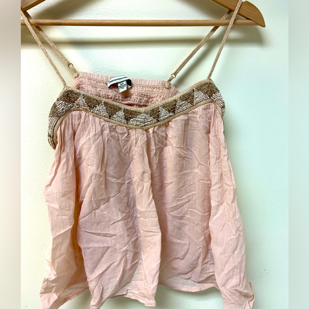 American Eagle pink beaded flowy tank with shimmer detail size S